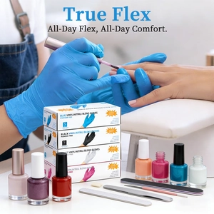 Disposable blue vinyl nitrile blend gloves for nail salon work and home cleaning