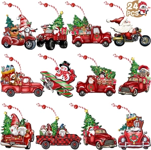 Set of 24 colorful wooden Christmas gnome ornaments with festive patterns and hanging ropes