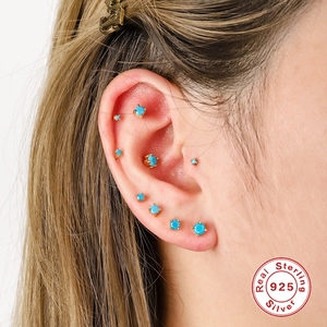 Real S925 sterling silver turquoise stud earrings set with gold plating for women
