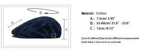 Size chart for vintage denim beret showing brim length, height and circumference details
