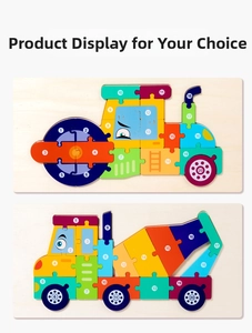 Detail of wooden puzzles for kids with numbers 1 to 20 on steamroller and cement mixer shapes