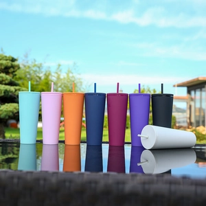 Collection of matte double-walled plastic tumblers with straws in 8 diverse colors