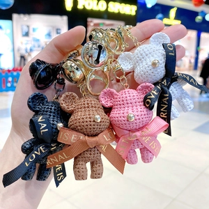 Creative resin bear keychain with knit texture and satin bow in four assorted colors