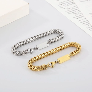 Titanium steel cuban link bracelets with blank ID plate in gold and silver finish
