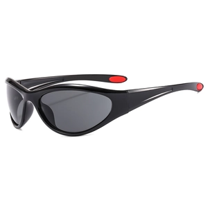 Y2K sporty wrap-around sunglasses with sleek black frame and red anti-slip temple tips