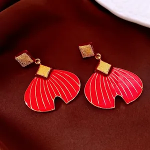 Elegant gold-tone fan shaped dangle earrings with vibrant red enamel finish for women