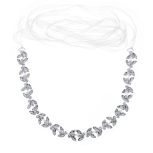 Detailed view of silver leaf bridal headband with sparkling rhinestones and white tulle ties
