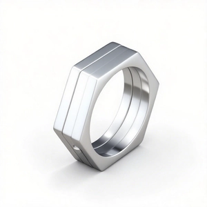 Industrial style silver hexagonal nut ring in stainless steel with a sleek minimalist look
