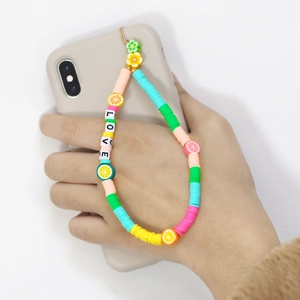 Colorful fruit beaded phone lanyard with LOVE alphabet beads and clay flower charms