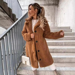 Women's warm caramel teddy coat with lapels and single-breasted buttons in street style