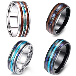 Men Women Unisex Stainless Steel Ring With Abalone Shell Wood Inlay Synthetic Opal Dragon Pattern Vintage Jewelry Band
