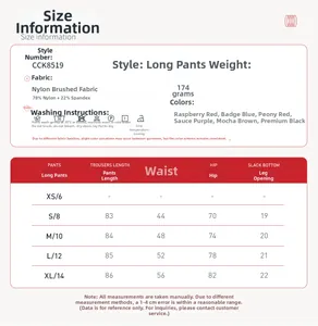 Size chart for yoga leggings showing measurements in centimeters and fabric composition
