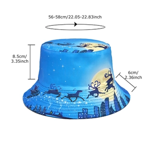 Fashionable reversible bucket hat with reindeer pattern and detailed size dimensions