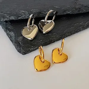 3D Solid Heart Pendant Hoop Earrings 18K Gold Plated Titanium Steel Niche Simple Style For Women