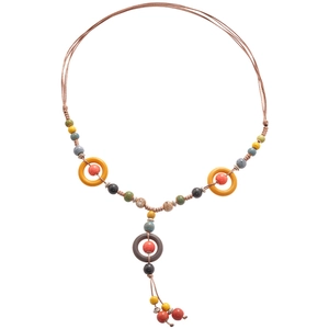 Ethnic handmade ceramic bead necklace with vintage woven rope and colorful pendants