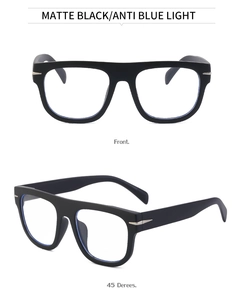 Detailed front and side views of matte black square frame anti-blue light glasses