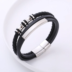 Men's multilayer braided leather bracelet with stainless steel beads and magnetic clasp