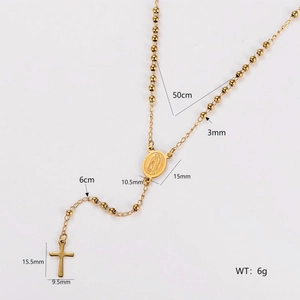 3mm gold stainless steel rosary necklace with cross pendant and detailed size measurements