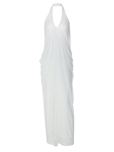 Elegant white halter neck long dress with pleated texture and sleeveless design