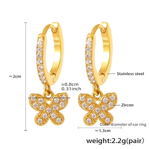 Detail of zircon-studded stainless steel butterfly drop earrings with dimensions