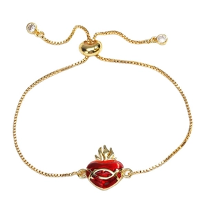 Adjustable gold bracelet with red heart enamel pendant and sparkling zircon stones