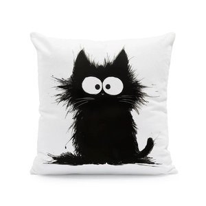 Detailed view of white pillowcase featuring a stylized fluffy black cat with large eyes