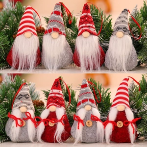 Knitted Christmas gnome ornaments with long beards and braids for tree decorations