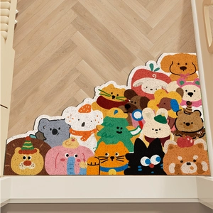 Cartoon animal pattern PVC anti-slip entryway mat shown on a wooden floor in a home setting