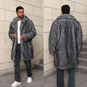 Manteau en fausse fourrure pour homme, mi-long, col à revers gris-noir, vue avant et arrière