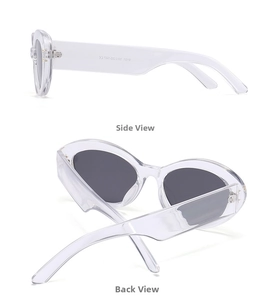Side and back view of clear acrylic sunglasses with dark lenses and model 9101 laser engraving