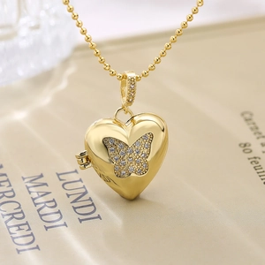Gold plated heart locket necklace with zircon butterfly and elegant gold bead chain