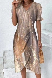Detail of V-neck wrap dress with gold abstract print, short sleeves and side buttons
