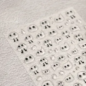 Detailed macro view of 3D transparent nail stickers with cute ghost eye designs
