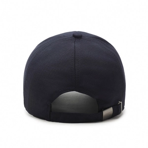 Men's navy blue cotton baseball cap with adjustable metal buckle back view on white background