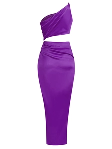 Detail of purple satin dress with one-shoulder neckline and sexy waist cut-out