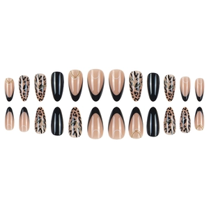Almond press-on nails with leopard print and black french tips with golden accents