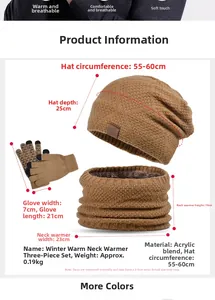 Size chart showing winter knit hat, gloves, and neck warmer dimensions in acrylic blend