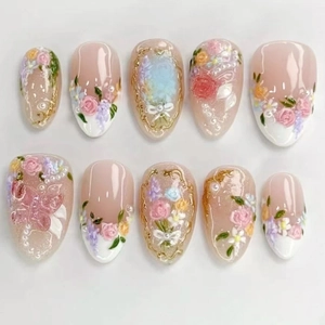 3D Floral Press On Nails French Style Pink Gradient With Artificial Pearls And Butterfly Bow Detachable False Nails For Women