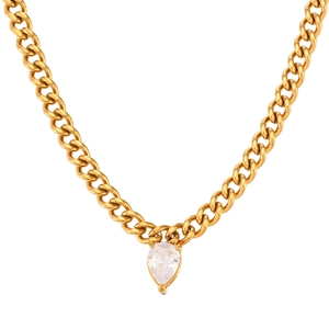 Golden Cuban link necklace with a teardrop zircon pendant on a white background