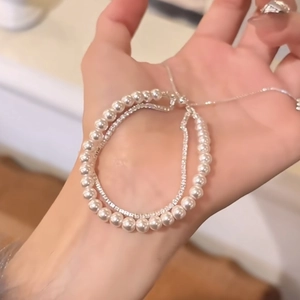 Double-layer pearl and zircon bracelet with adjustable sliding buckle for women
