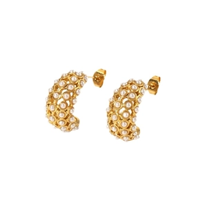 Vintage 18K gold plated hollow C-shape earrings with inlaid white pearls on white background