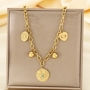 18k gold plated titanium steel necklace with celestial eye charms and turquoise bead
