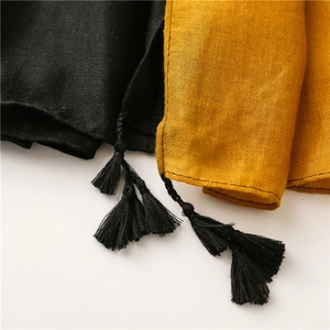 Detail of yellow and black scarf fabric with tassel fringe and textile texture