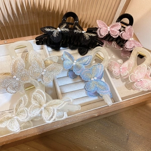 Elegant butterfly hair claw clips with lace embroidery and pearls in various colors