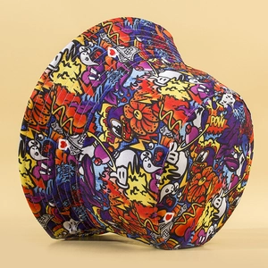 Reversible bucket hat with graffiti ghost and lightning prints for streetwear style