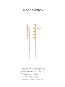 Detailed product dimensions for gold S925 sterling silver tassel drop earrings with zirconia