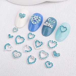 Blue rhinestone heart nail art charms with Love lettering on silver alloy base