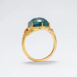 Vintage S925 silver open ring with green moss agate gemstone and engraved gold finish