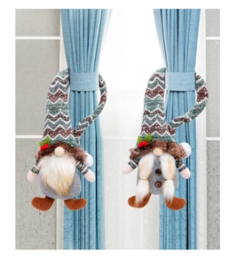 Detail of Christmas gnome curtain tiebacks with white beard and braided twin styles