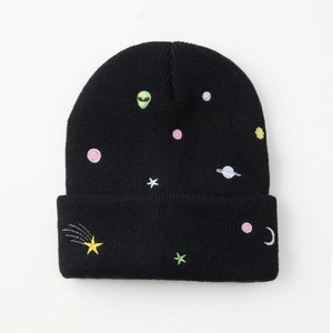Black knit beanie with colorful space embroidery featuring aliens and planets